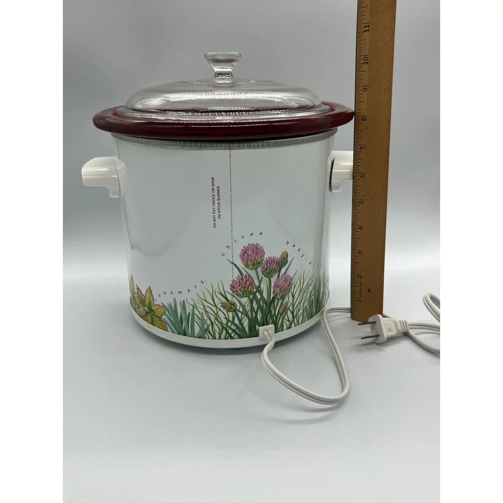 Vintage Rival Crock-Pot Slow Cooker Herb Garden Floral 3.5 Qt White Red Works